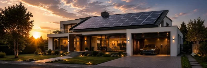Дом с солнечными панелями Alt Solar на закате